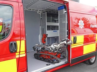 Avenger Fire UGV deployed from a fire and rescue vehicle
