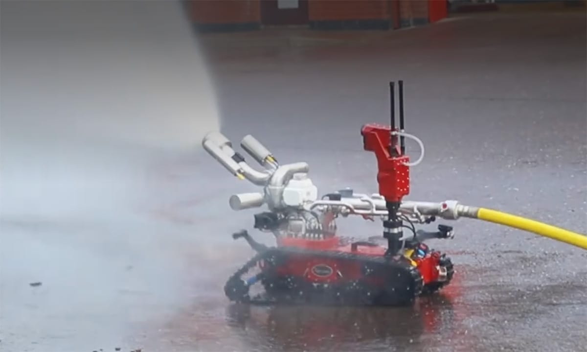 Avenger Fire UGV water cannon in operation